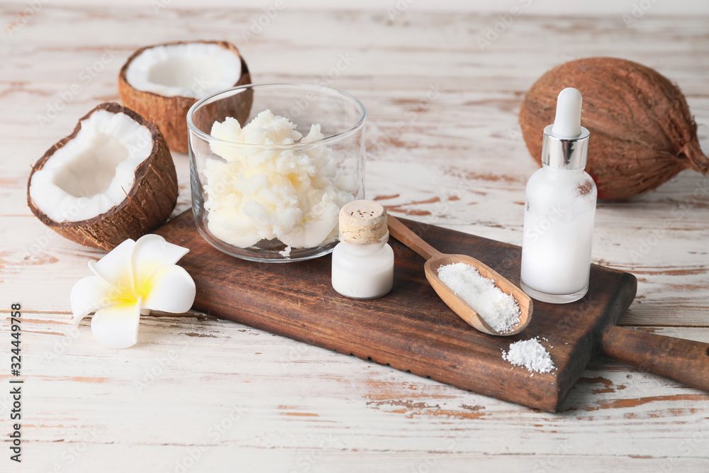 Composition with different coconut products on table