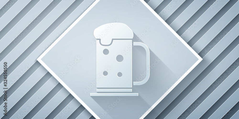 Paper cut Wooden beer mug icon isolated on grey background. Paper art style. Vector Illustration