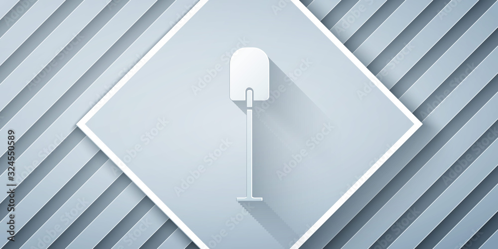 Paper cut Shovel icon isolated on grey background. Gardening tool. Tool for horticulture, agricultur