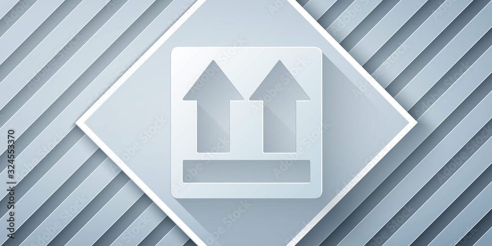 Paper cut This side up icon isolated on grey background. Two arrows indicating top side of packaging