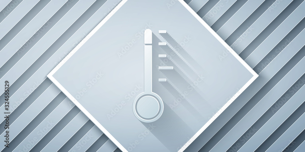 Paper cut Meteorology thermometer measuring icon isolated on grey background. Thermometer equipment 