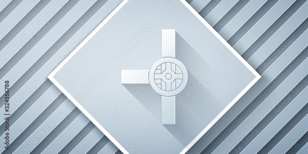 Paper cut Industry metallic pipes and valve icon isolated on grey background. Paper art style. Vecto