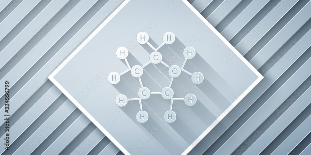 Paper cut Molecule oil icon isolated on grey background. Structure of molecules in chemistry. Paper 