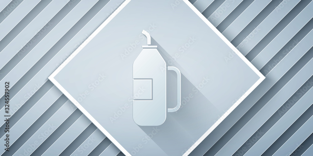 Paper cut Fitness shaker icon isolated on grey background. Sports shaker bottle with lid for water a