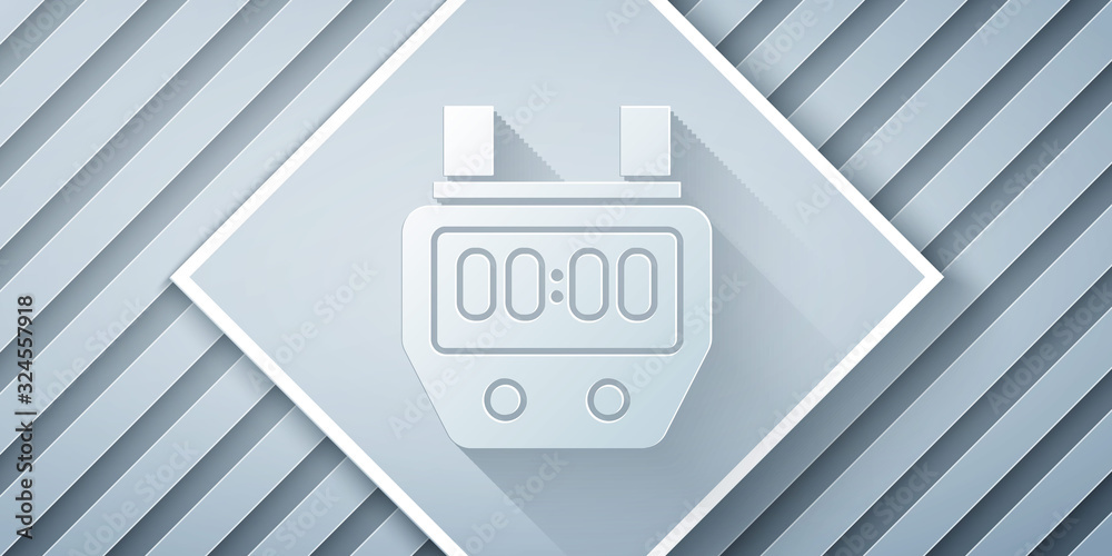 Paper cut Stopwatch icon isolated on grey background. Time timer sign. Chronometer sign. Paper art s