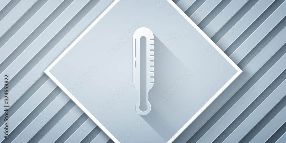 Paper cut Meteorology thermometer measuring icon isolated on grey background. Thermometer equipment 