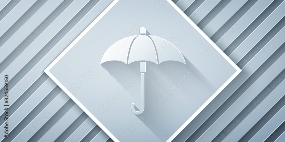 Paper cut Classic elegant opened umbrella icon isolated on grey background. Rain protection symbol. 