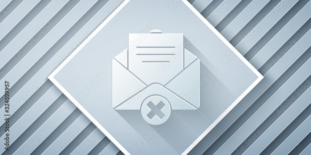 Paper cut Delete envelope icon isolated on grey background. Delete or error letter. Cross on message