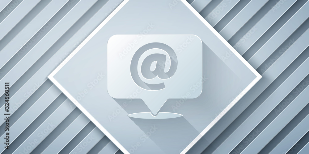 Paper cut Mail and e-mail on speech bubble icon isolated on grey background. Envelope symbol e-mail.