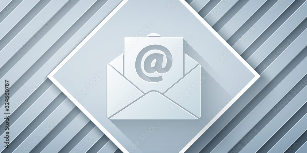 Paper cut Mail and e-mail icon isolated on grey background. Envelope symbol e-mail. Email message si