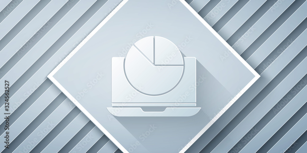 Paper cut Laptop with graph chart icon isolated on grey background. Report text file icon. Accountin