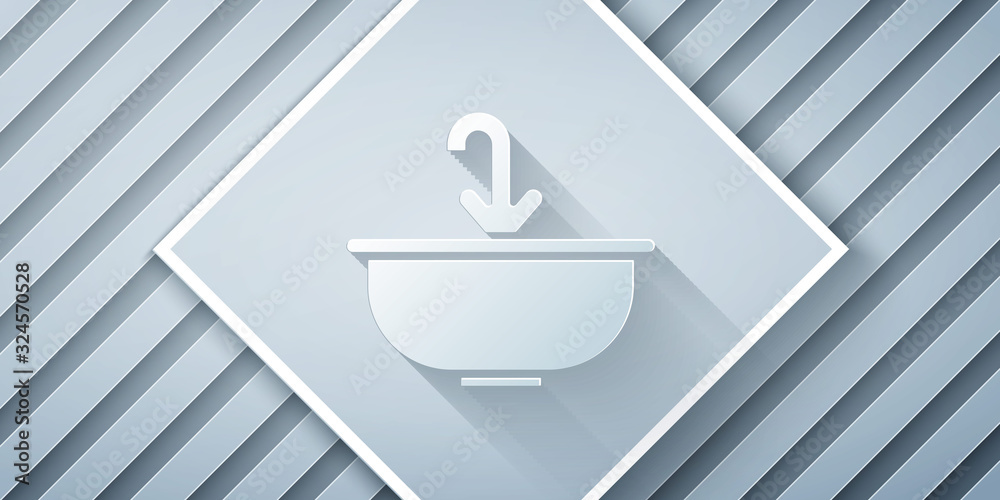 Paper cut Washbasin with water tap icon isolated on grey background. Paper art style. Vector Illustr