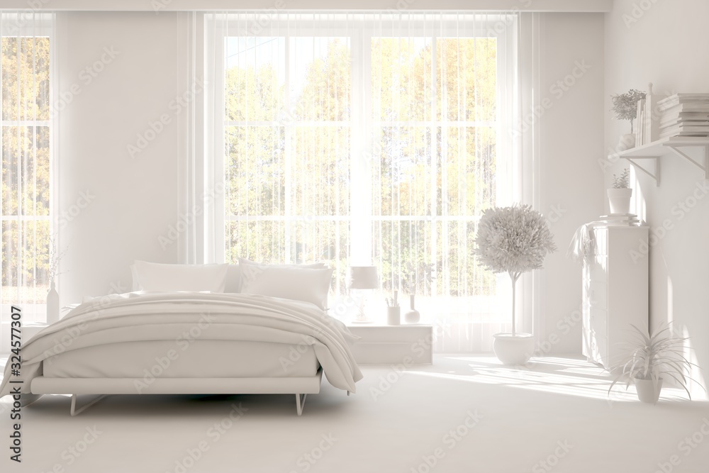 Modern bedroom in white color. Scandinavian interior design. 3D illustration