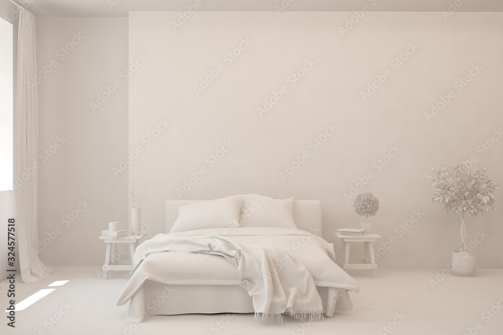 Modern bedroom in white color. Scandinavian interior design. 3D illustration