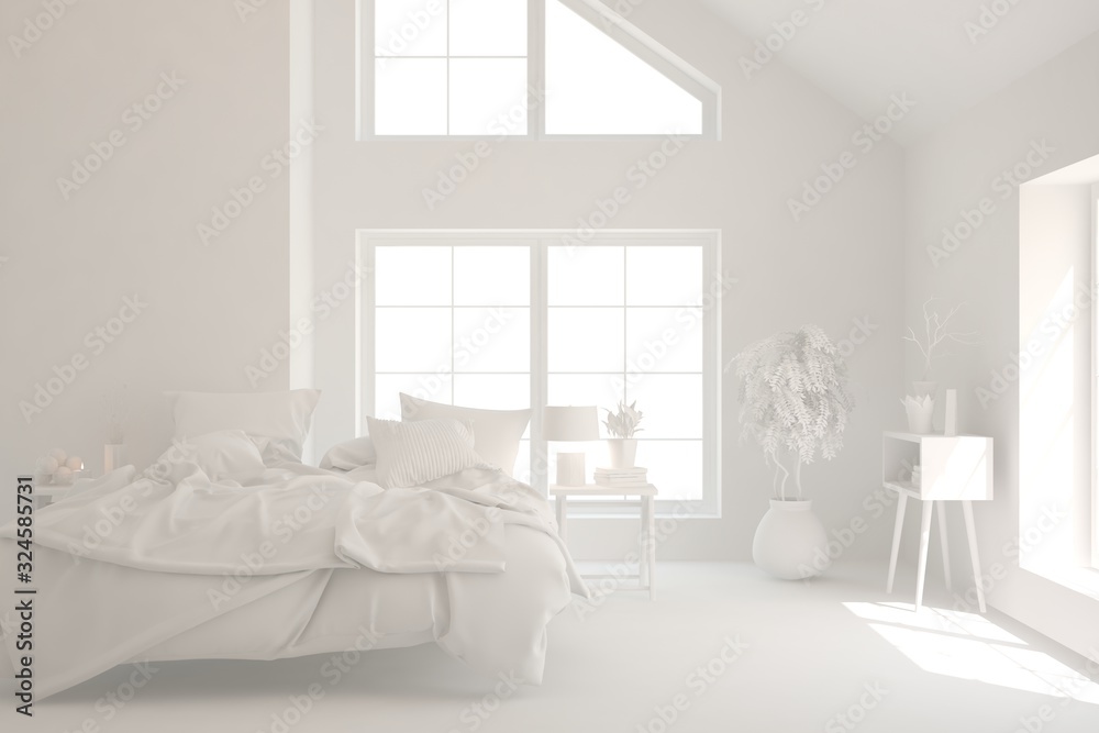 Modern bedroom in white color. Scandinavian interior design. 3D illustration