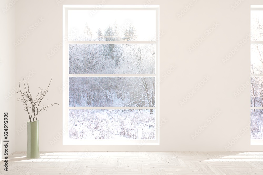 Mock up of empty room in white color with winter landscape in window. Scandinavian interior design. 