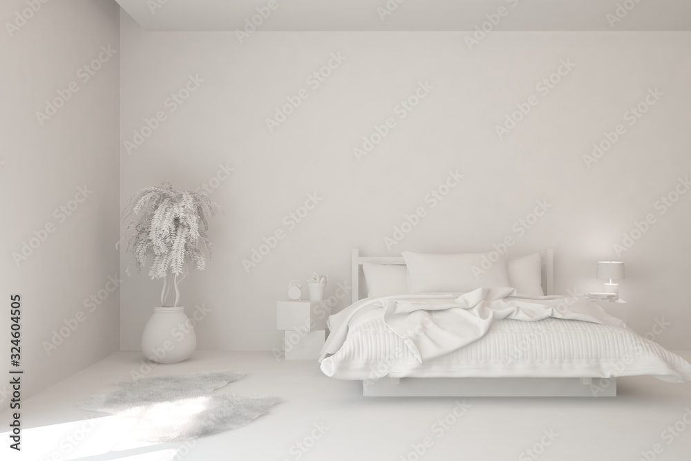 Modern bedroom in white color. Scandinavian interior design. 3D illustration