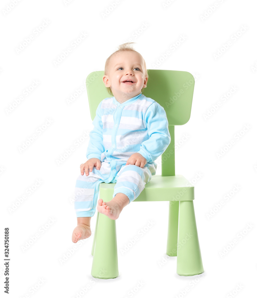 Cute funny baby sitting on chair against white background