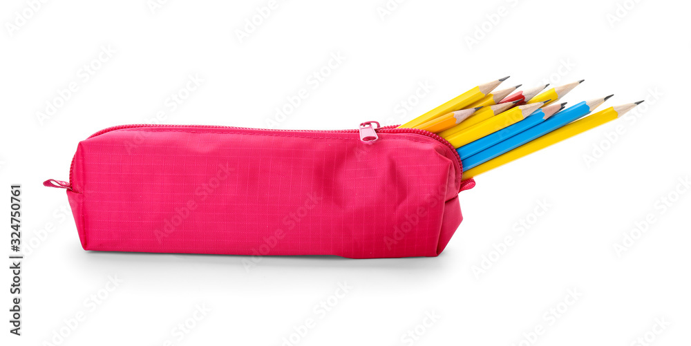 Bag with ordinary pencils on white background