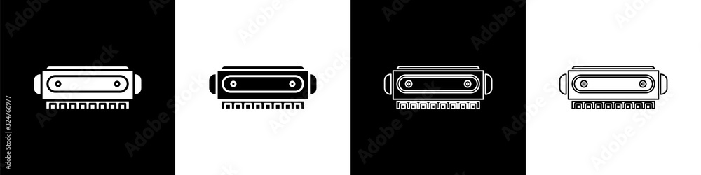 Set Harmonica icon isolated on black and white background. Musical instrument. Vector Illustration