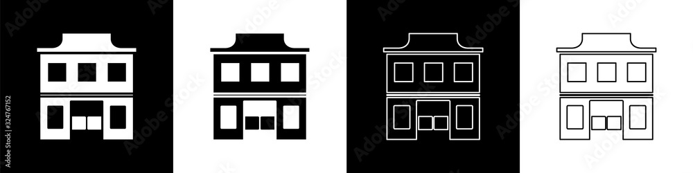 Set Wild west saloon icon isolated on black and white background. Old west building. Vector Illustra