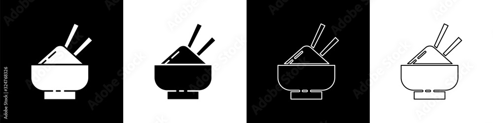 Set Rice in a bowl with chopstick icon isolated on black and white background. Traditional Asian foo