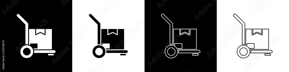 Set Hand truck and boxes icon isolated on black and white background. Dolly symbol. Vector Illustrat