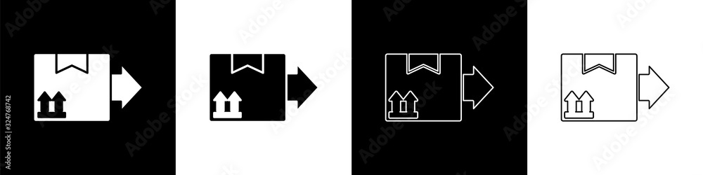 Set Cardboard box with traffic symbol icon isolated on black and white background. Box, package, par