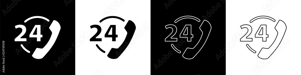 Set Telephone 24 hours support icon isolated on black and white background. All-day customer support