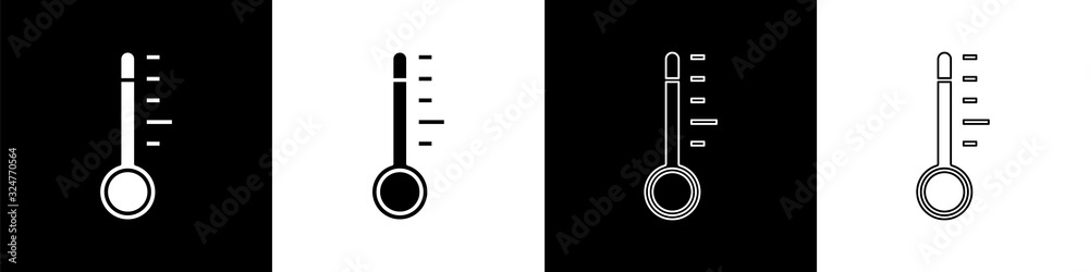 设置隔离在黑白背景上的气象温度计测量图标。配备温度计