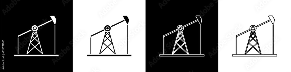 设置油泵或油泵千斤顶图标，在黑白背景上隔离。石油钻机。矢量图