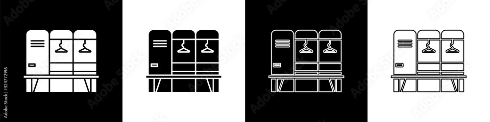 曲棍球、足球、篮球队或工人的更衣室或更衣室图标被隔离在黑色
