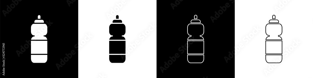 Set Fitness shaker icon isolated on black and white background. Sports shaker bottle with lid for wa