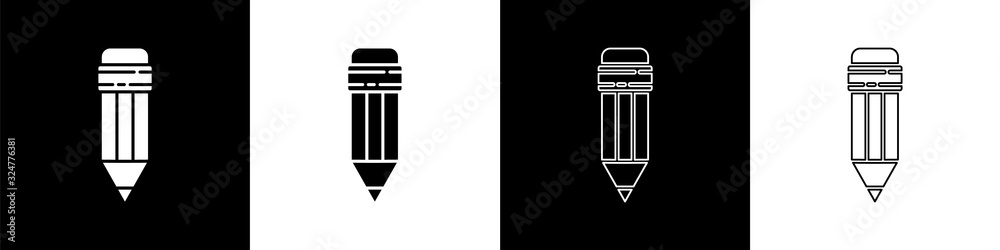 Set Pencil with eraser icon isolated on black and white background. Drawing and educational tools. S