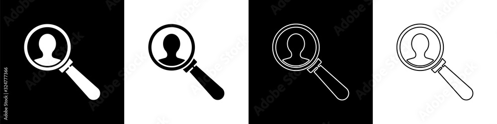 Set Magnifying glass for search a people icon isolated on black and white background. Recruitment or