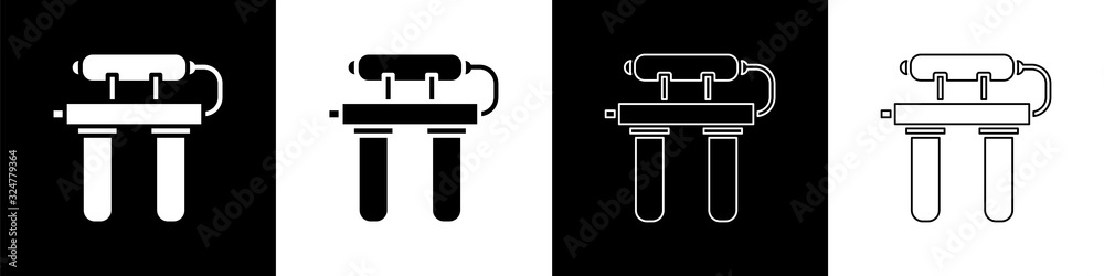 设置水过滤器图标隔离在黑白背景上。水过滤系统。反转