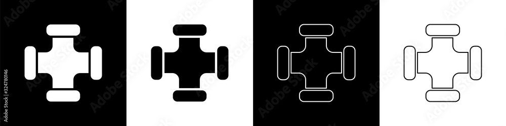 设置在黑白背景上隔离的行业金属管道图标。d的管道部件