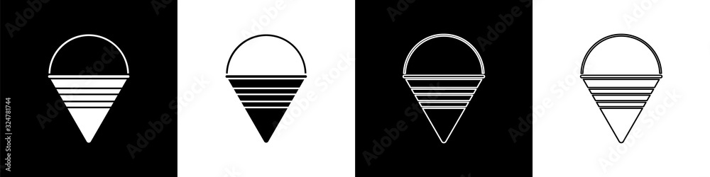 Set Fire cone bucket icon isolated on black and white background. Metal cone bucket empty or with wa