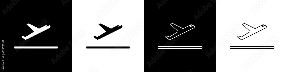 Set Plane takeoff icon isolated on black and white background. Airplane transport symbol. Vector Ill