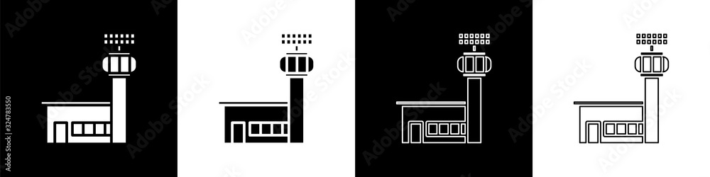 将机场控制塔图标隔离在黑白背景上。矢量图