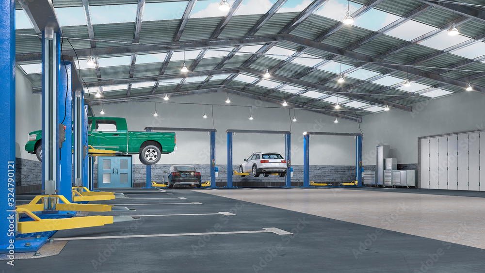 Garage interior with car lift. 3d illustration