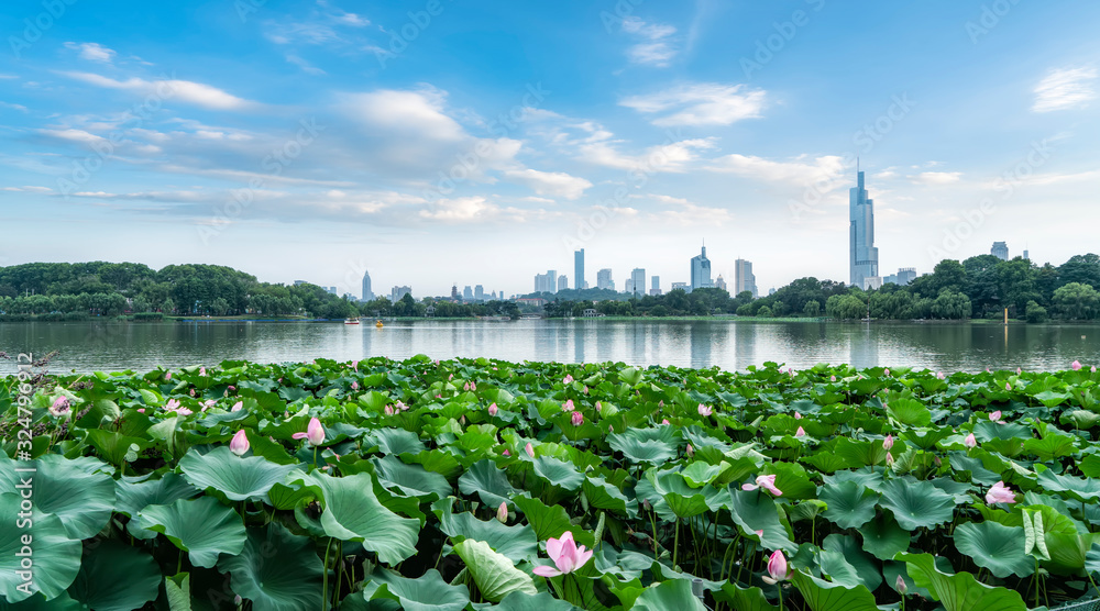 Xuanwu Lake in Nanjing and the skyline of urban architecture..