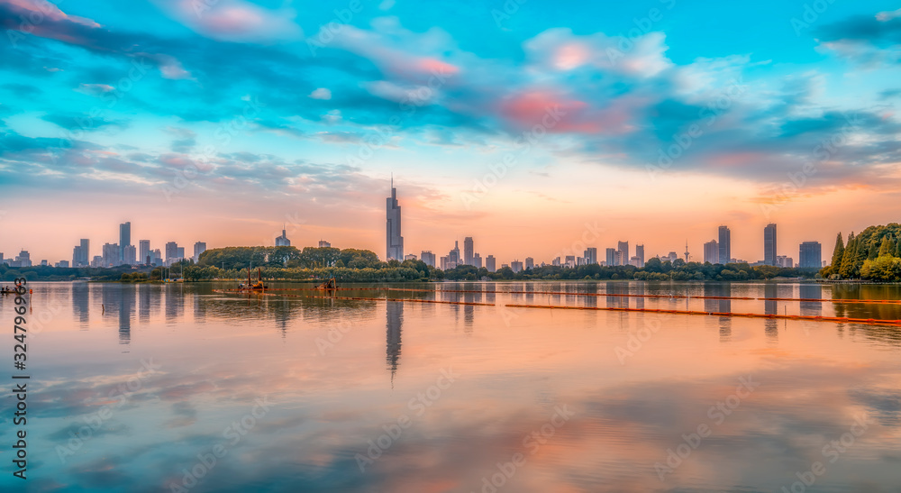 Xuanwu Lake in Nanjing and the skyline of urban architecture..