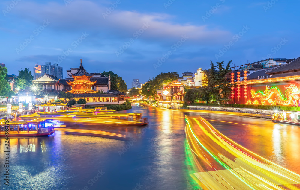 Night view of ancient architecture of Qinhuai River in Nanjing Fuzi Temple..