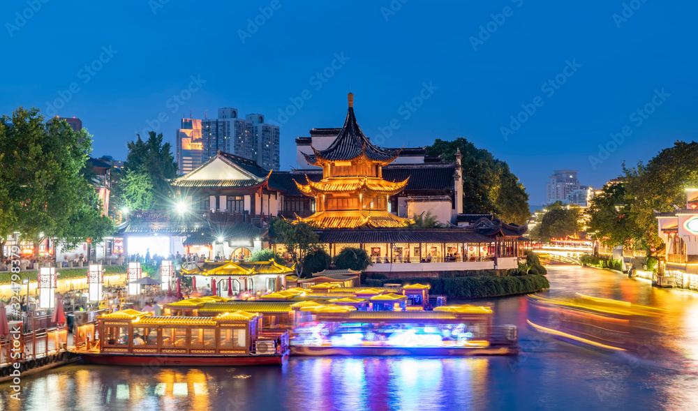 Night view of ancient architecture of Qinhuai River in Nanjing Fuzi Temple..