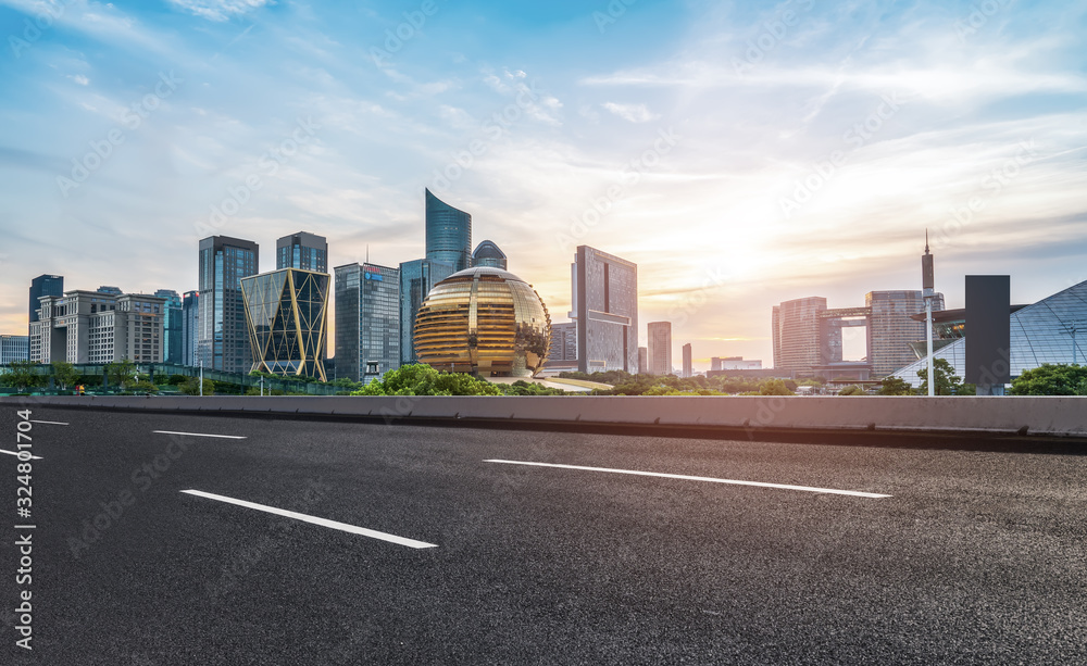 Road surface and architectural landscape of Hangzhou financial district office building..