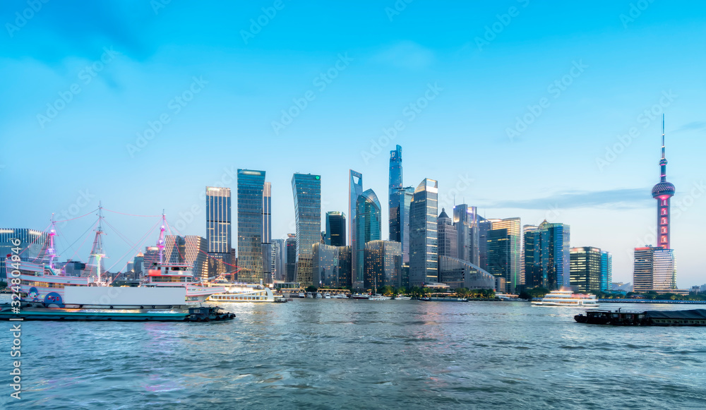 Panoramic view of the skyline of urban architectural landscape in Lujiazui, Shanghai..