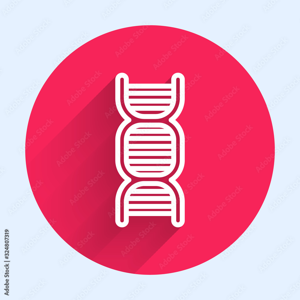 White line DNA symbol icon isolated with long shadow. Red circle button. Vector Illustration