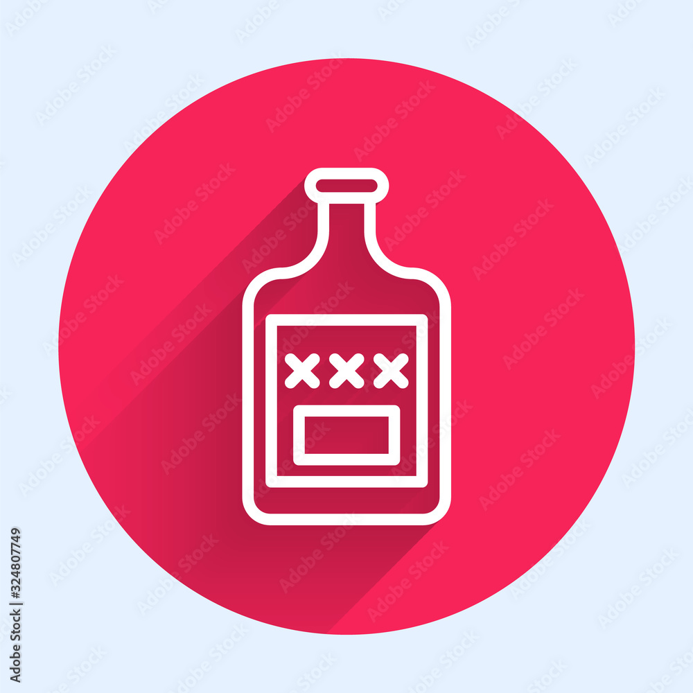 White line Whiskey bottle icon isolated with long shadow. Red circle button. Vector Illustration