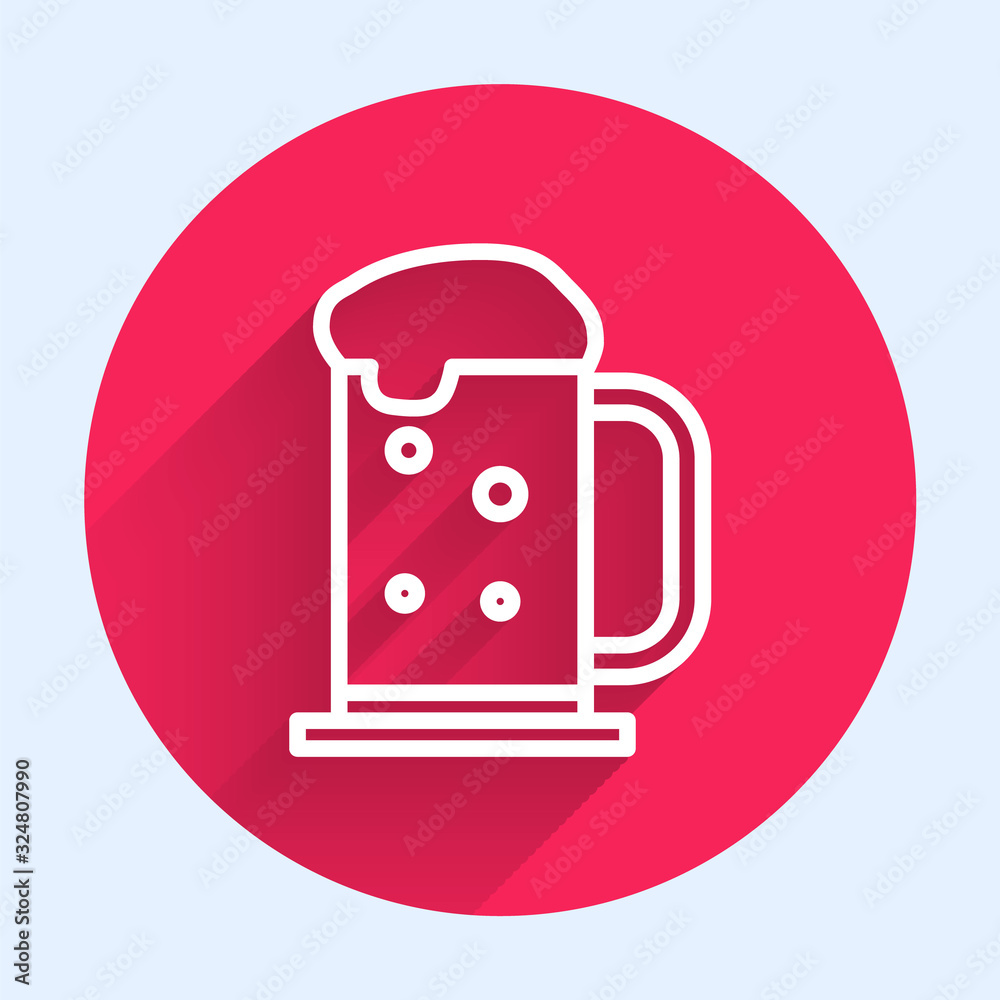 White line Wooden beer mug icon isolated with long shadow. Red circle button. Vector Illustration